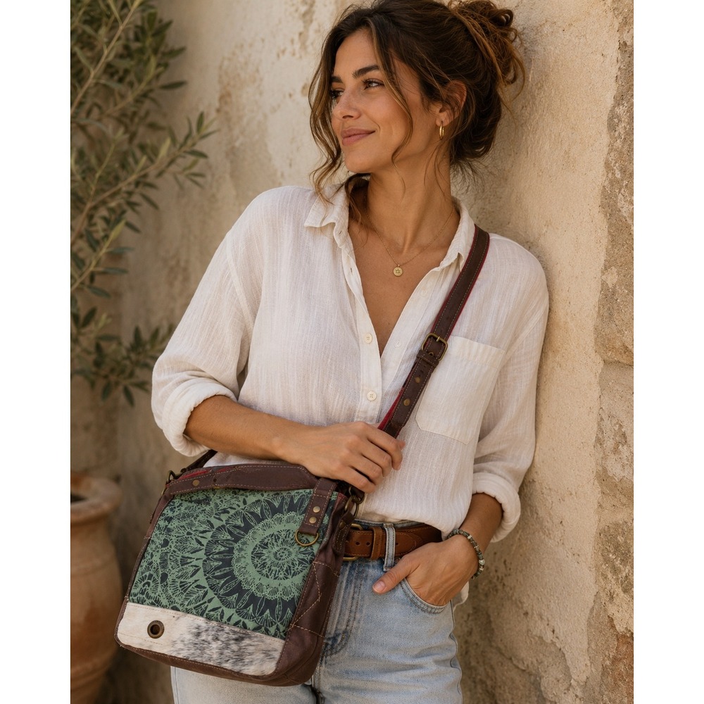 Myra Bag‎ Canvas Hair-on-Hide Mandala Print Crossbody Bag Brown Green Boho